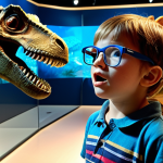 Museum AR Experience**

Prompt: "A child wearing AR glasses, looking amazed at a holographic dinosaur appearing in a museum. Interactive learning, augmented reality, museum exhibit."

**