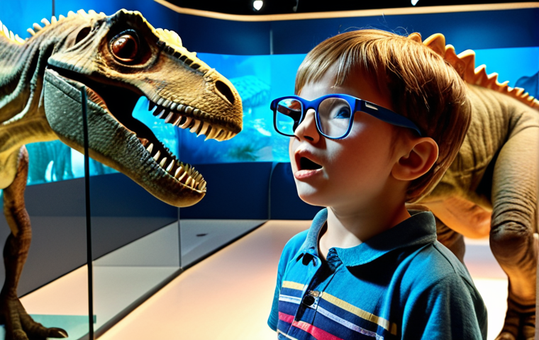 Museum AR Experience**
Prompt: "A child wearing AR glasses, looking amazed at a holographic dinosaur appearing in a museum. Interactive learning, augmented reality, museum exhibit."
**