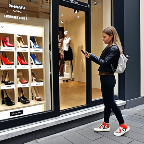 Home 6 **
Prompt: *Interactive AR shoe store window display in Warsaw. A young woman uses her smartphone to virtually "try on" different shoes. Modern city street scene, bustling background, focus on the AR interaction and fashionable footwear. Polish Złoty signs subtly visible in the background.*
**